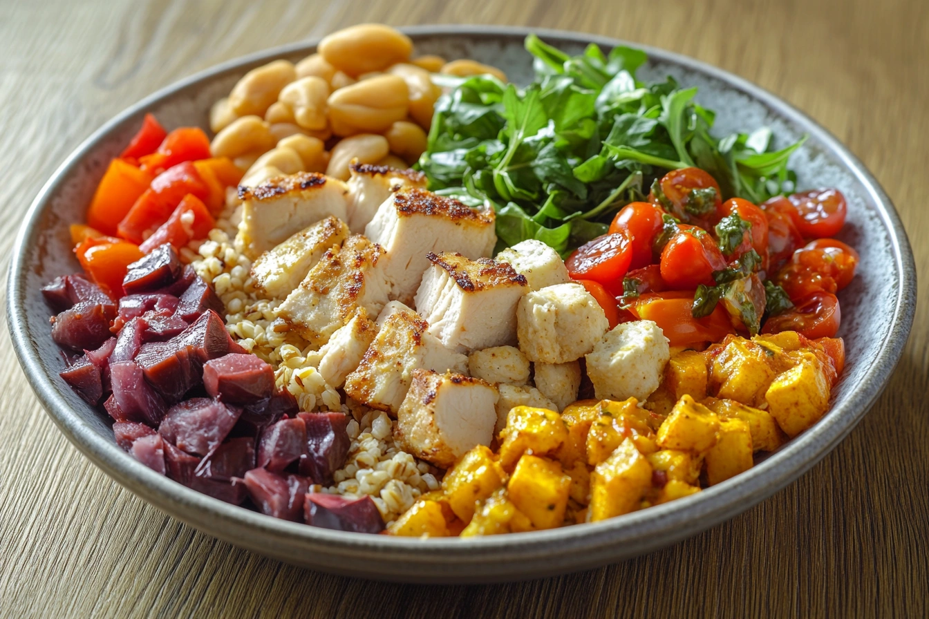 Здорова та збалансована страва з овочами, зеленню та злаками