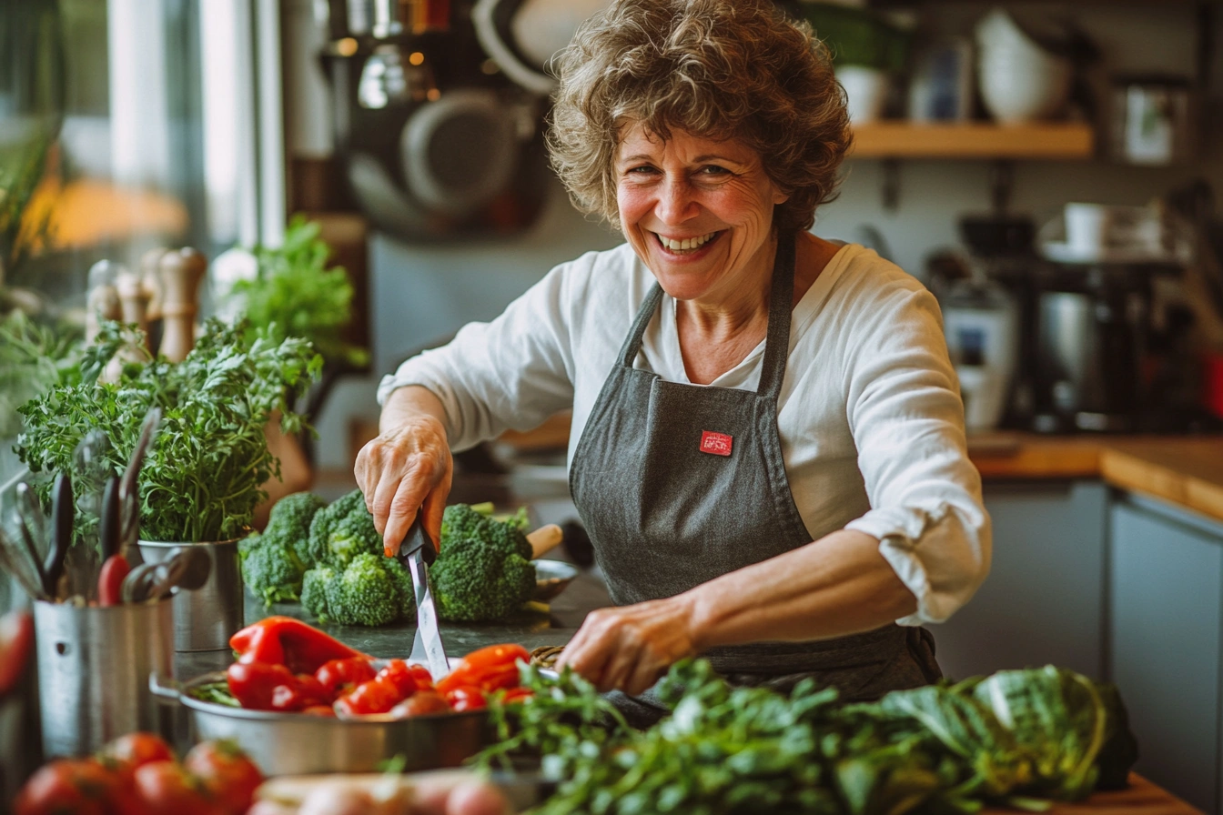 Літня жінка готує здорову їжу на кухні